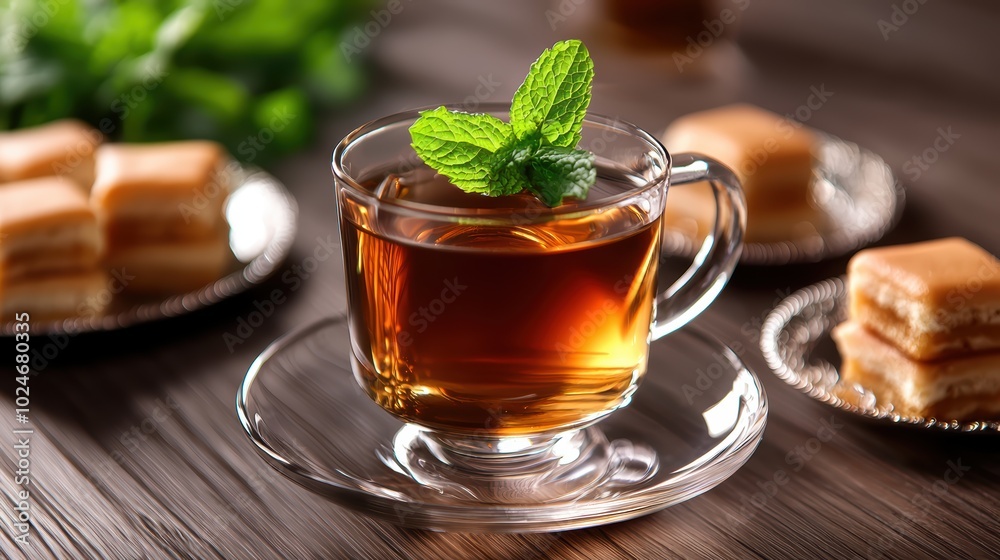 artistic composition of mint tea served in a traditional glass with fresh mint leaves floating on top accompanied by sweet pastries artistic composition of mint tea served in a traditional glass with fresh mint leaves floating on top accompanied by sweet pastries