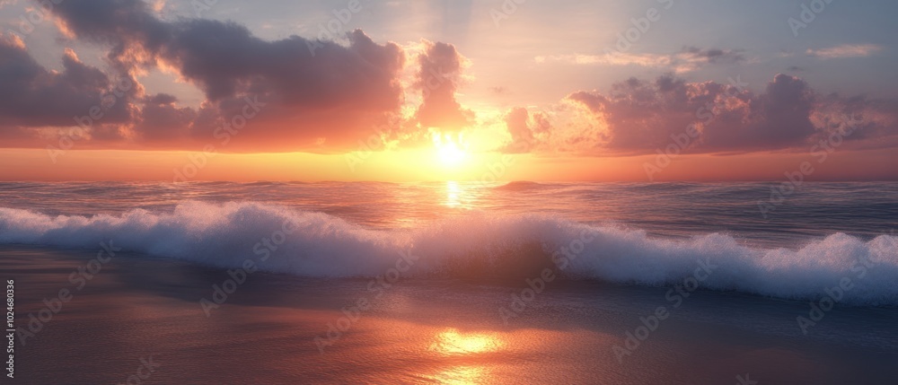 Fototapeta premium Golden Sunset Over a Wave Crashing on the Beach