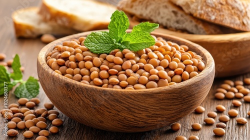 warm bowl of lentil soup garnished with fresh mint served with crusty bread on a rustic wooden table in natural lighting