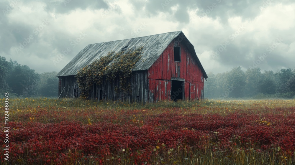 Obraz premium Abandoned barn in expansive field, peeling red paint, overgrown roof, echoes of rural past, nature reclaiming space, tranquil solitude