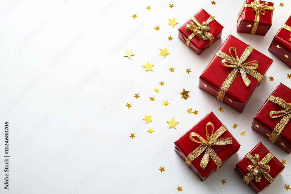 A clean white background is decorated with red gift boxes tied with gold ribbons. The addition of scattered golden stars brings a festive, celebratory feel to the image, enhancing the elegance of the A clean white background is decorated with red gift boxes tied with gold ribbons. The addition of scattered golden stars brings a festive, celebratory feel to the image, enhancing the elegance of the