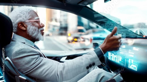 Charismatic elder black businessman demonstrating holographic controls in a futuristic autonomous car, showcasing automotive technology advancements