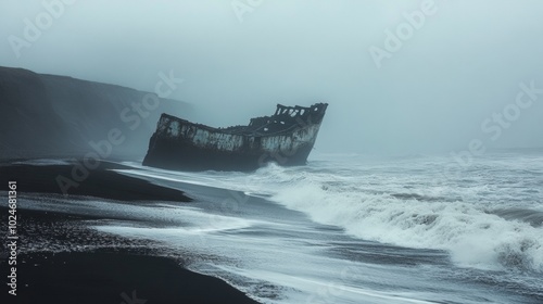 Desolate beach with shipwreck remnants, crashing waves, evocative atmosphere, solitude and nature's power on display
