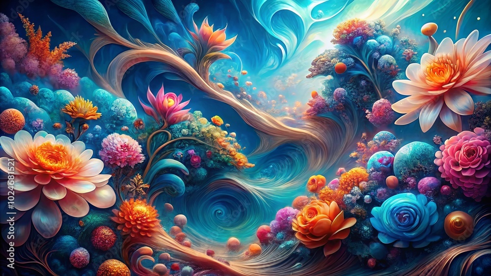 A vibrant and abstract floral tapestry, showcasing a symphony of colors and textures, blending organic forms with swirling patterns, creating a mesmerizing and dreamlike underwater garden A vibrant and abstract floral tapestry, showcasing a symphony of colors and textures, blending organic forms with swirling patterns, creating a mesmerizing and dreamlike underwater garden