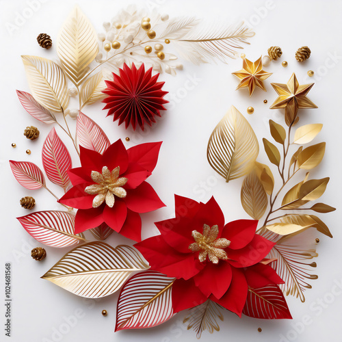 Christmas frame with red and gold decorations and copy space