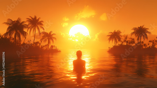 Individual seated in water against a sunset backdrop photo