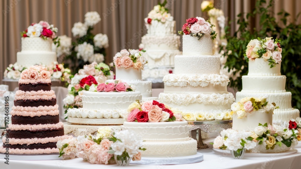 Elegant tiered wedding cakes decorated with flowers on a table at a wedding reception. Elegant tiered wedding cakes decorated with flowers on a table at a wedding reception.