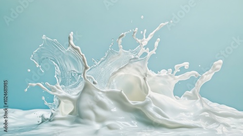 Milk splashing in mid-air, frozen against a pastel sky-blue background, capturing movement.