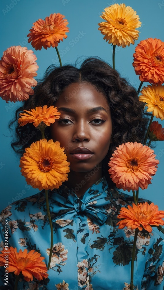 Artistic portrait of woman with curly hair and bright flowers against textured background Artistic portrait of woman with curly hair and bright flowers against textured background