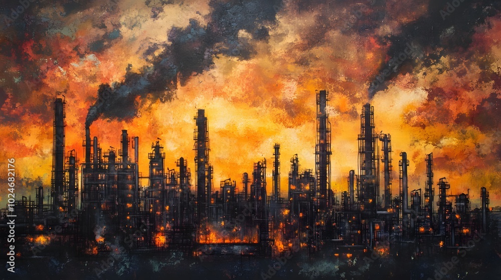 Obraz premium A painting of a city with a large industrial area with a lot of smoke and a dark sky