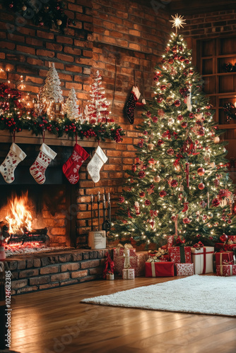 A beautifully decorated Christmas tree stands next to a brick fireplace in a cozy room. Holiday lights softly illuminate the space, with garlands and stockings adding to the festive feel. The