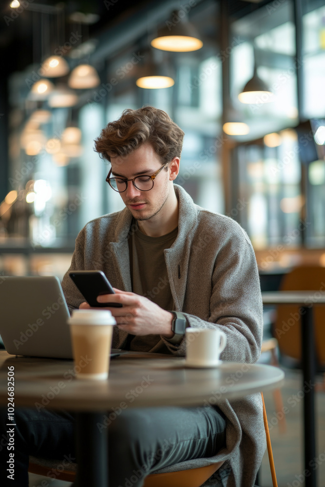 Young adult Caucasian man in a modern café, confidently tapping his smartphone for a cryptocurrency payment, with a latte and laptop open on the table. Young adult Caucasian man in a modern café, confidently tapping his smartphone for a cryptocurrency payment, with a latte and laptop open on the table.