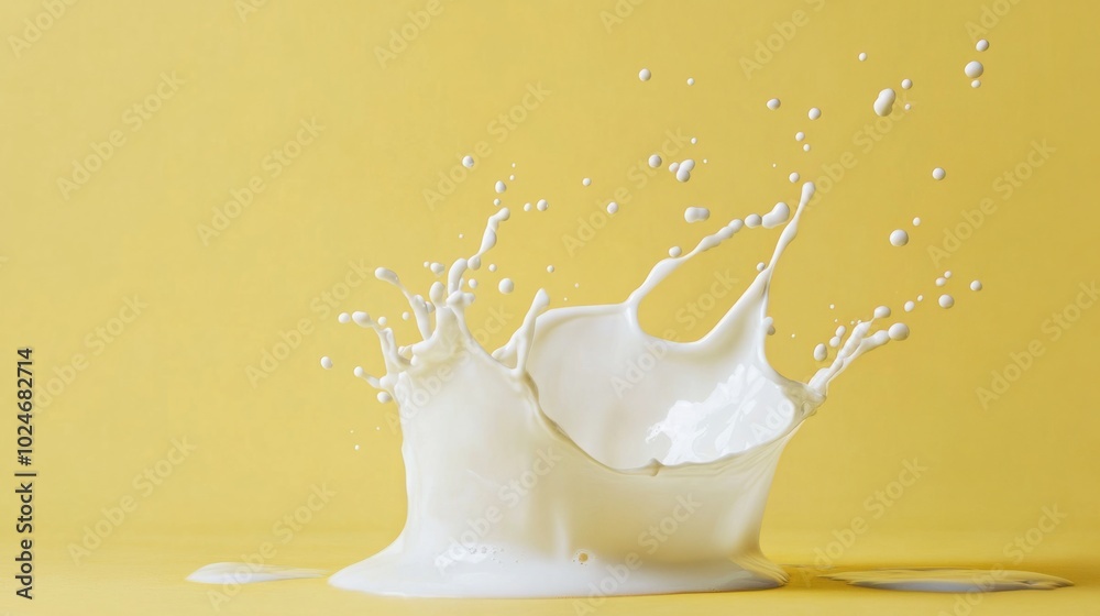Milk splashing in motion, captured mid-air against a pastel yellow background, dramatic and clean. Milk splashing in motion, captured mid-air against a pastel yellow background, dramatic and clean.