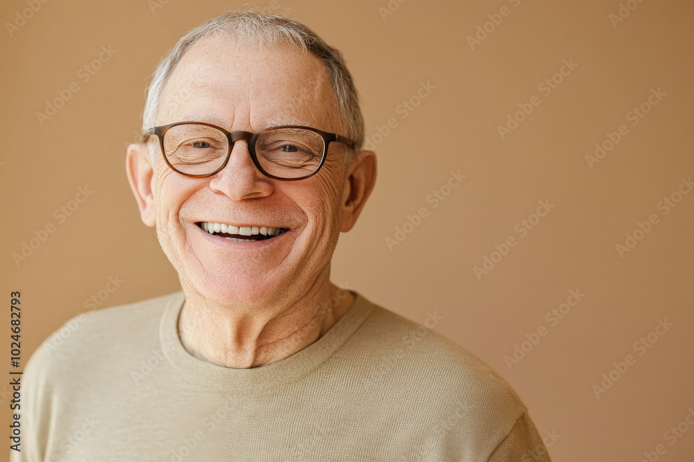 Senior Caucasian man with glasses, wide smile, gentle and wise expression, against a soft beige background, projecting kindness and warmth, with a lighthearted personality. Senior Caucasian man with glasses, wide smile, gentle and wise expression, against a soft beige background, projecting kindness and warmth, with a lighthearted personality.