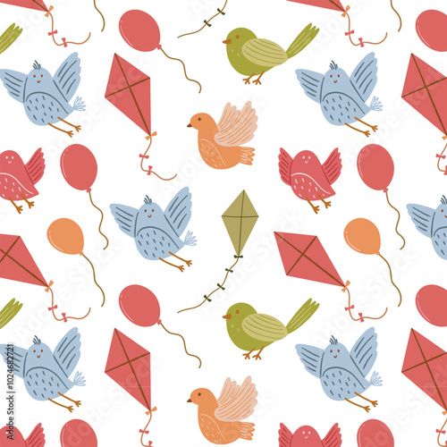 colorful kid seamless pattern consist of : birds, kite, and balloon vector design