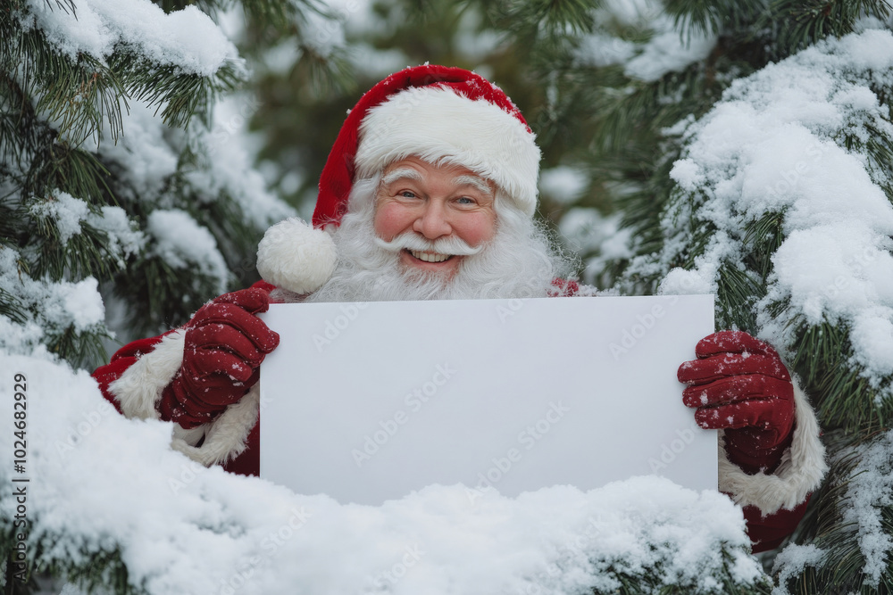 Santa Claus, framed by snow-draped pine trees, gestures toward a blank white poster stuck in the snow. His joyful expression and the wintry landscape make this the perfect scene for a holiday message. Santa Claus, framed by snow-draped pine trees, gestures toward a blank white poster stuck in the snow. His joyful expression and the wintry landscape make this the perfect scene for a holiday message.