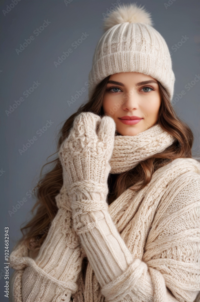 Young brown-haired woman in cozy winter knitwear: sweater, hat, scarf, and mittens on a gray background Young brown-haired woman in cozy winter knitwear: sweater, hat, scarf, and mittens on a gray background