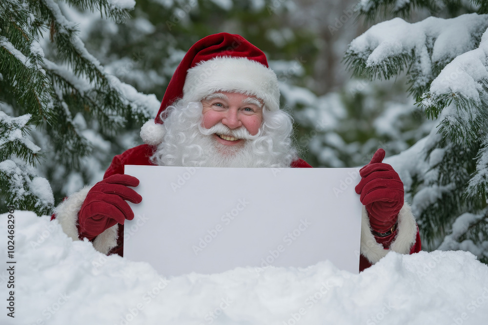 Santa Claus, framed by snow-draped pine trees, gestures toward a blank white poster stuck in the snow. His joyful expression and the wintry landscape make this the perfect scene for a holiday message. Santa Claus, framed by snow-draped pine trees, gestures toward a blank white poster stuck in the snow. His joyful expression and the wintry landscape make this the perfect scene for a holiday message.
