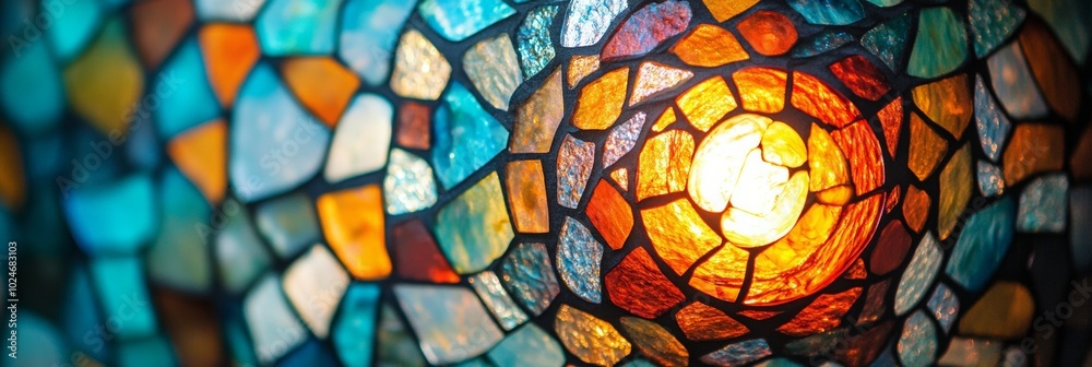 Mosaic Glass Lamp Illuminating Colors, intricate design showcasing vibrant hues and light dynamics from a captivating top view perspective