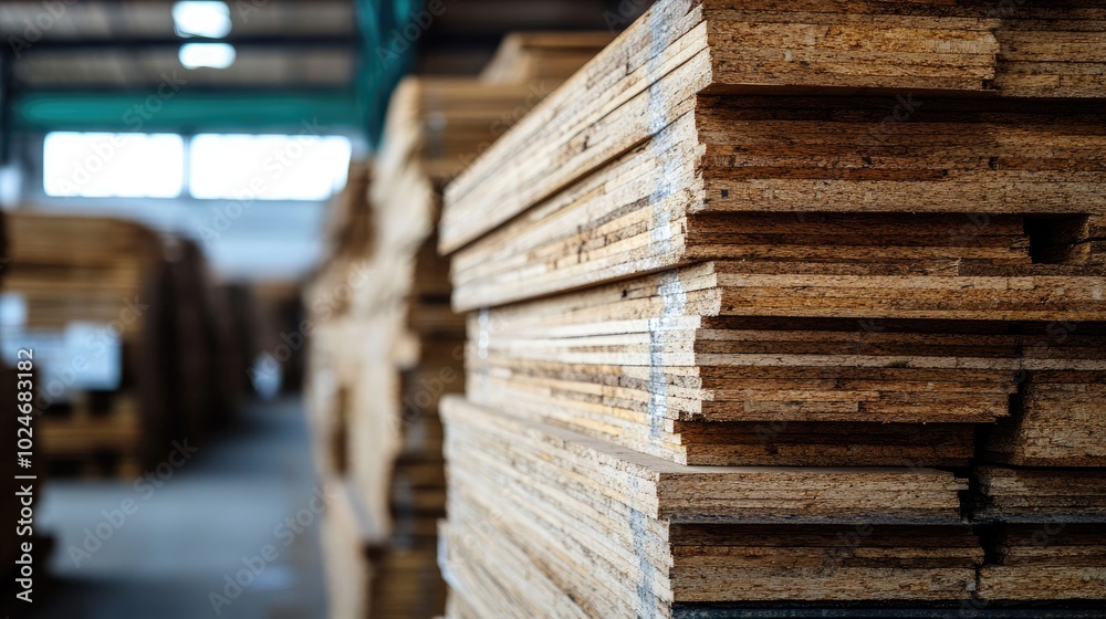 Obraz premium Stacked plywood sheets in a warehouse. This image is perfect for illustrating construction or DIY projects.