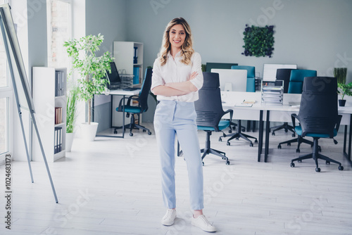 Full size photo of pretty young girl crossed hands confident wear formalwear coworking successful nice light office