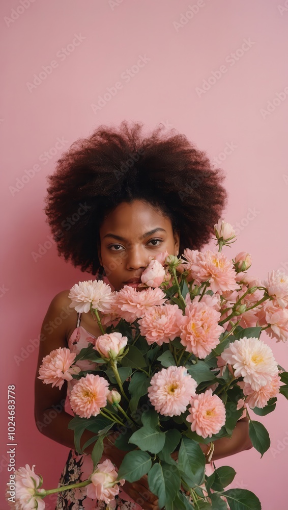 Woman holding pink and yellow flowers, calm expression, gradient background Woman holding pink and yellow flowers, calm expression, gradient background