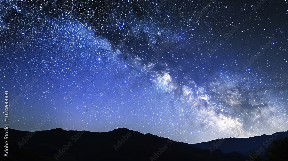 Panoramic blue night sky with milky way and stars on dark background. Fill the universe, nebulae and galaxies with noise and particles. Dark night sky. Panoramic blue night sky with milky way and stars on dark background. Fill the universe, nebulae and galaxies with noise and particles. Dark night sky.