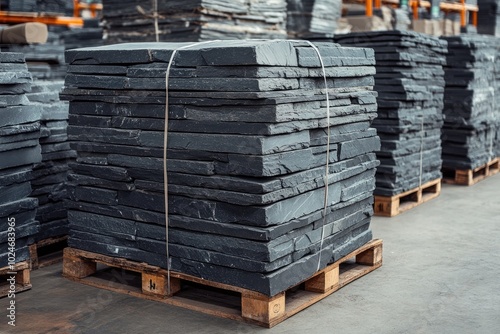 Stacked slate tiles on a pallet. Perfect for use in construction and landscaping projects.