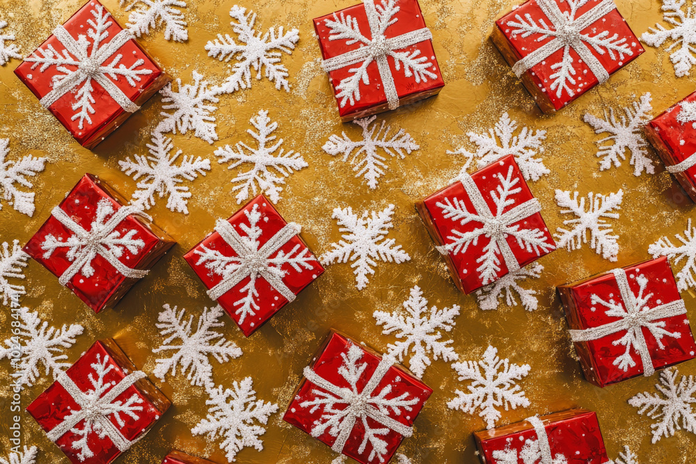 Red gift boxes with delicate snowflakes sit on a gold background, giving the scene a luxurious holiday vibe. The rich gold backdrop contrasts beautifully with the festive red and white accents. Red gift boxes with delicate snowflakes sit on a gold background, giving the scene a luxurious holiday vibe. The rich gold backdrop contrasts beautifully with the festive red and white accents.
