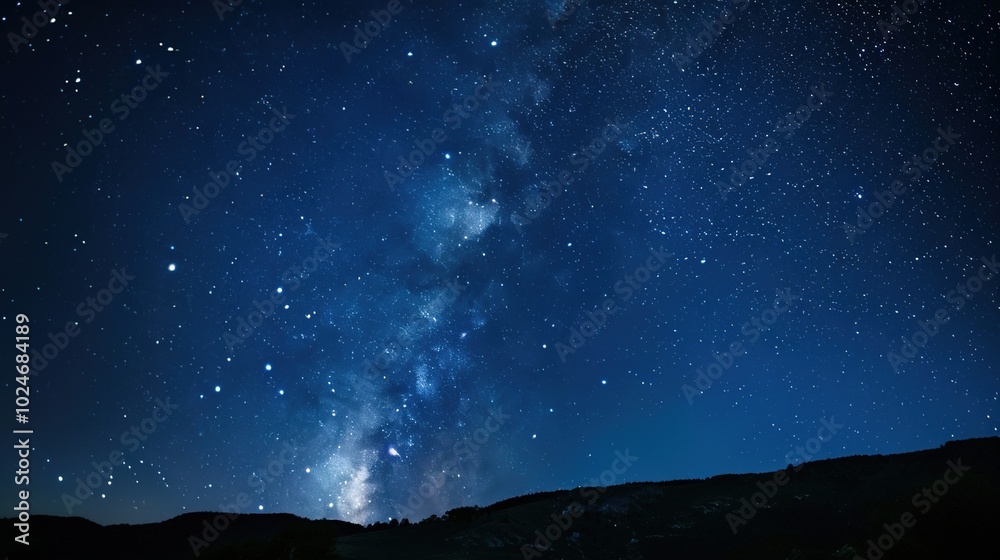 Panoramic blue night sky with milky way and stars on dark background. Fill the universe, nebulae and galaxies with noise and particles. Dark night sky. Panoramic blue night sky with milky way and stars on dark background. Fill the universe, nebulae and galaxies with noise and particles. Dark night sky.