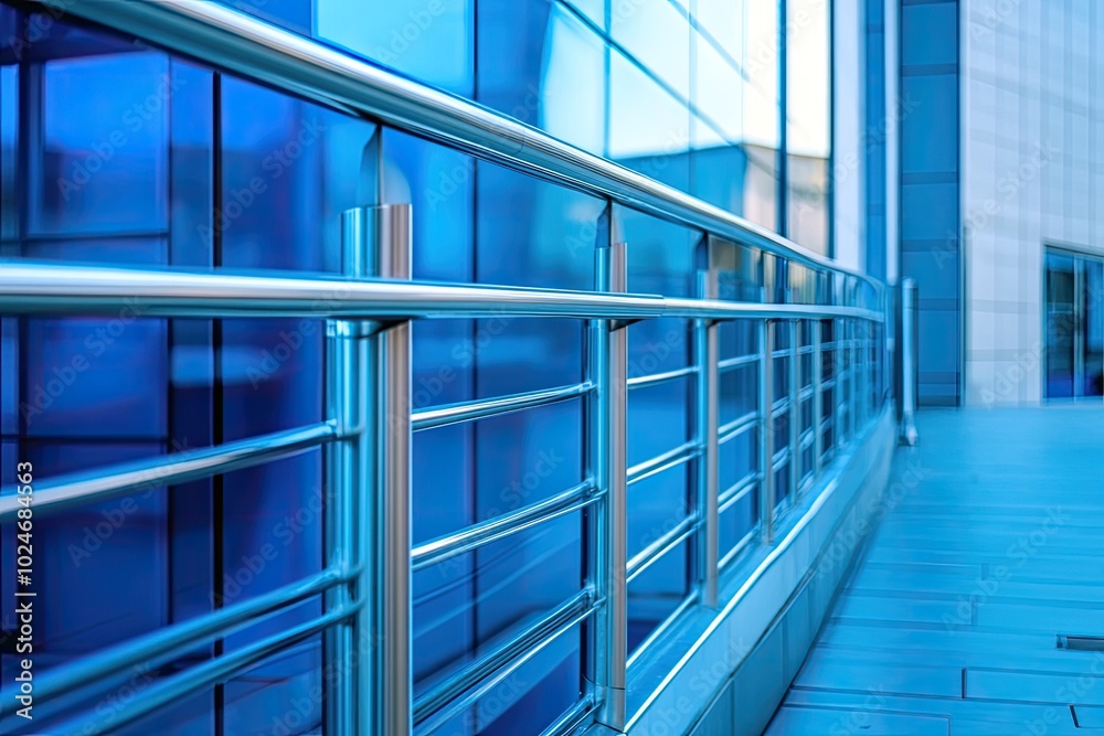 Stainless steel railing along modern building. Use this image for concepts of safety, security, and urban architecture. Stainless steel railing along modern building. Use this image for concepts of safety, security, and urban architecture.