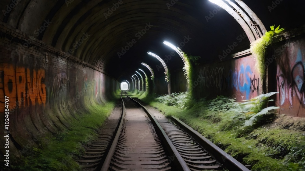Underground Railway Tunnel with Graffiti and Moss: A vibrant underground railway tunnel featuring spray-painted graffiti on the walls and a thick layer of green moss and plants creeping along the trac Underground Railway Tunnel with Graffiti and Moss: A vibrant underground railway tunnel featuring spray-painted graffiti on the walls and a thick layer of green moss and plants creeping along the trac
