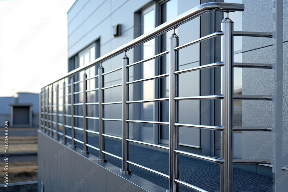 Naklejka premium Stainless steel railing on a balcony. Great for modern architecture, construction, and design projects.