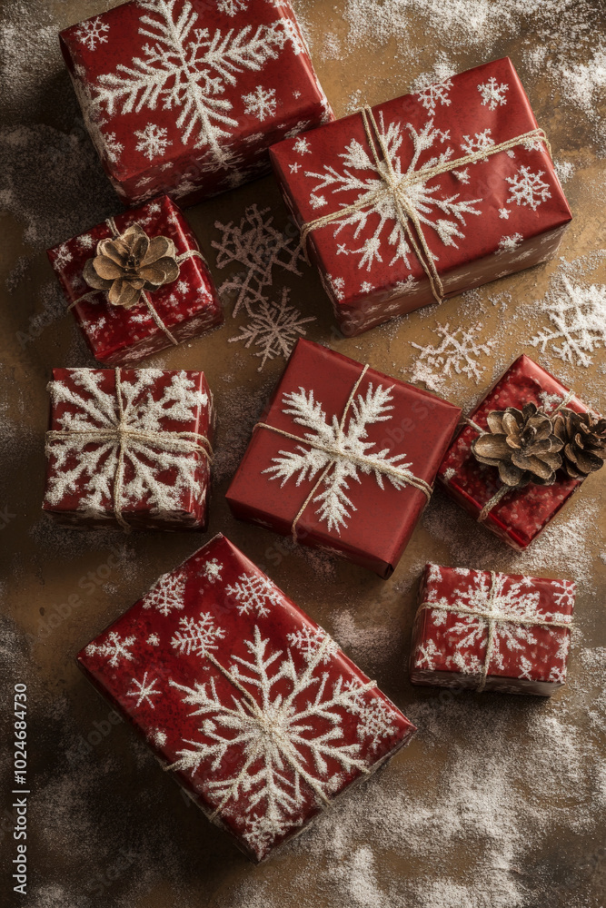 Red gift boxes decorated with snowflakes are positioned on a warm bronze background. The luxurious tone adds a festive and elegant touch to the holiday scene. Red gift boxes decorated with snowflakes are positioned on a warm bronze background. The luxurious tone adds a festive and elegant touch to the holiday scene.
