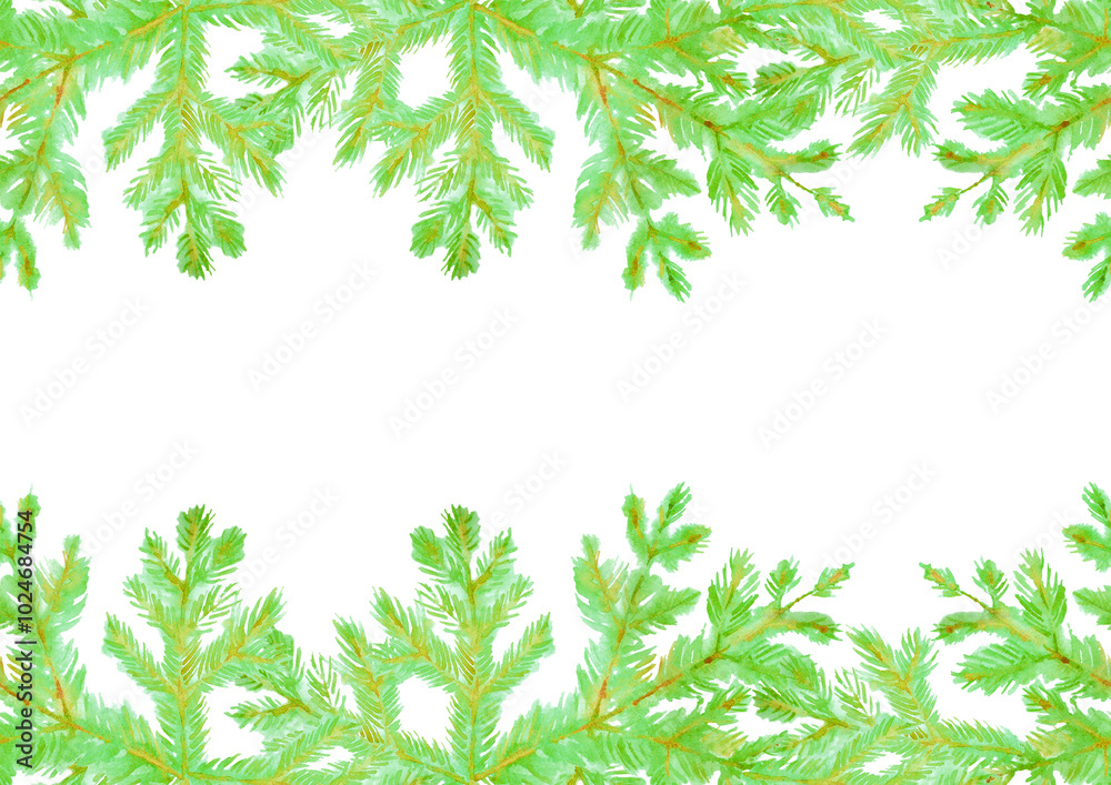 Green spruce branches and fir cones. Christmas tree. Christmas greeting card. Watercolor hand-drawn art. Artistic illustration. Green spruce branches and fir cones. Christmas tree. Christmas greeting card. Watercolor hand-drawn art. Artistic illustration.
