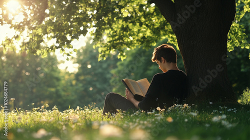 A man is sitting under a tree reading a book. The scene is peaceful and relaxing, with the man enjoying the outdoors and the shade of the tree