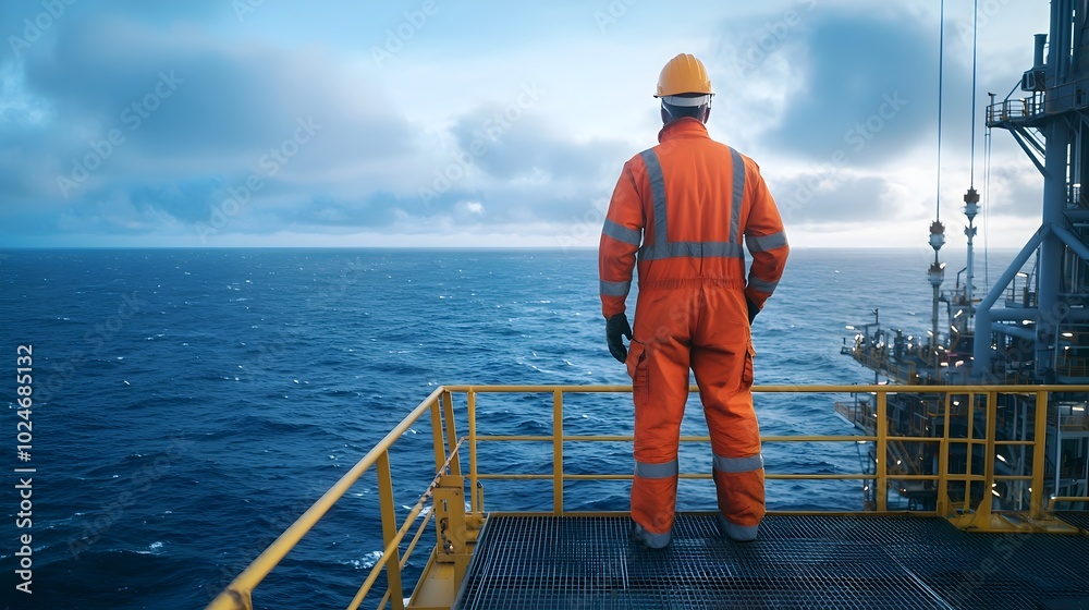 Oil Rig Worker Standing on Offshore Platform in Stormy Ocean Conditions