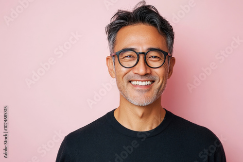 Middle-aged Japanese man with glasses, smiling warmly, radiating calm and friendliness, set against a light pink background, showing a balanced and open personality.