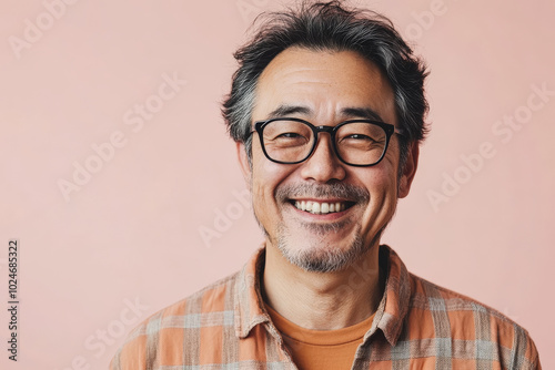 Middle-aged Japanese man with glasses, smiling warmly, radiating calm and friendliness, set against a light pink background, showing a balanced and open personality.