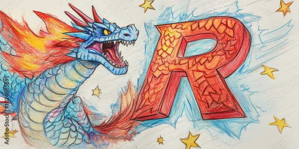 A red and blue dragon with flames and a letter A red and blue dragon with flames and a letter