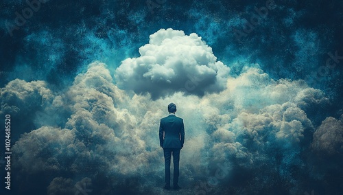 A figure in a suit stands amidst clouds, symbolizing introspection and aspiration.