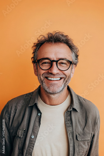 Middle-aged Caucasian man with glasses, friendly, approachable smile, against a light orange background, conveying confidence and cheerfulness.