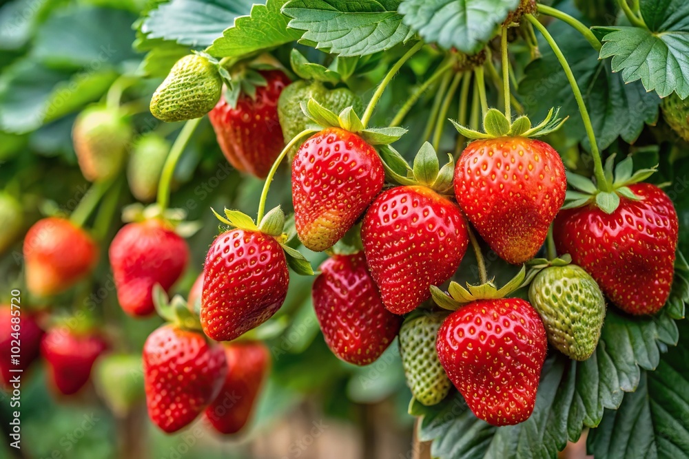 Strawberries on green vines with ripe red fruits Strawberries on green vines with ripe red fruits