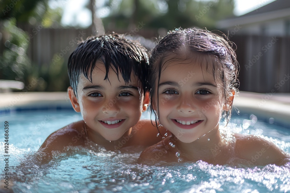 Two happy children enjoy swimming. This photo is perfect for advertising swimwear, water parks, or family vacations. Two happy children enjoy swimming. This photo is perfect for advertising swimwear, water parks, or family vacations.