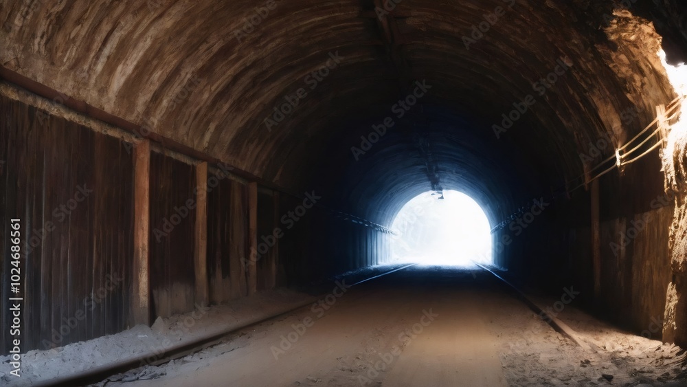Obraz premium Underground Tunnel with Sunlight Streaming Through Opening: An abandoned railway tunnel with piles of debris, where beams of sunlight break through a gap, casting light on the otherwise dark and dusty