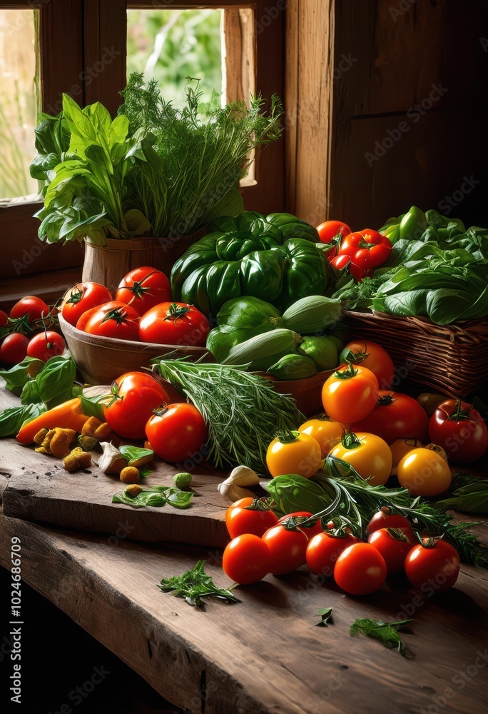 vibrant display colorful produce aromatic herbs artfully arranged natural textured background, ingredients, arrangement, vegetables, fruits, organic vibrant display colorful produce aromatic herbs artfully arranged natural textured background, ingredients, arrangement, vegetables, fruits, organic