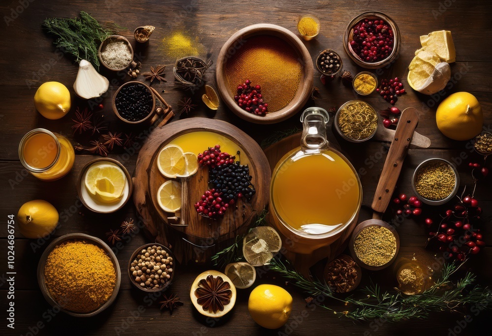 vibrant close visualization colorful ingredients used crafting mixed mead displaying rich hues varied textures, amber, honey, wine, fruit, berry, spice vibrant close visualization colorful ingredients used crafting mixed mead displaying rich hues varied textures, amber, honey, wine, fruit, berry, spice