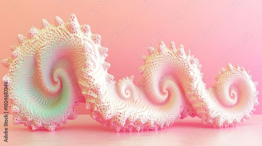 A colorful, spiral-shaped shell-like structure against a soft pink background. A colorful, spiral-shaped shell-like structure against a soft pink background.
