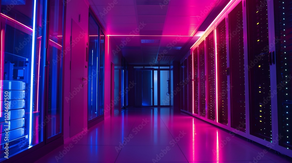 A modern server room featuring vibrant LED strip lighting that outlines the server racks creating a visually striking and high-tech environment ideal for data management and innovation A modern server room featuring vibrant LED strip lighting that outlines the server racks creating a visually striking and high-tech environment ideal for data management and innovation