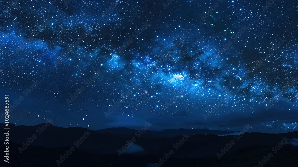 Panoramic blue night sky with milky way and stars on dark background. Fill the universe, nebulae and galaxies with noise and particles. Dark night sky. Panoramic blue night sky with milky way and stars on dark background. Fill the universe, nebulae and galaxies with noise and particles. Dark night sky.